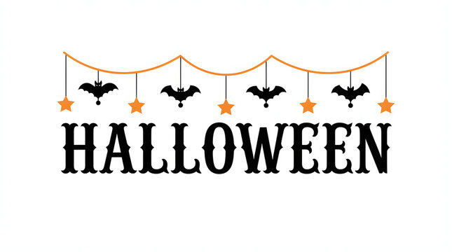 Festive halloween typography design featuring hanging bats and orange string lights on a white background