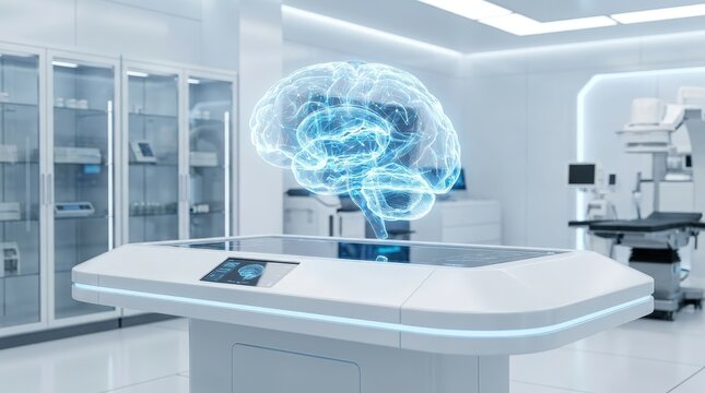 A glowing holographic human brain model floating above a modern medical laboratory examination.