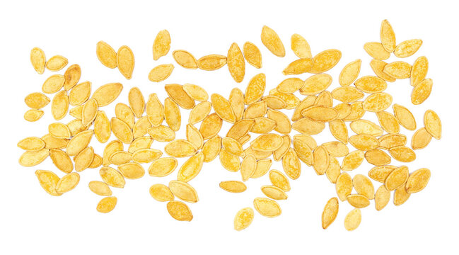 Pile roasted pumpkin seeds with salt isolated on white background, top view