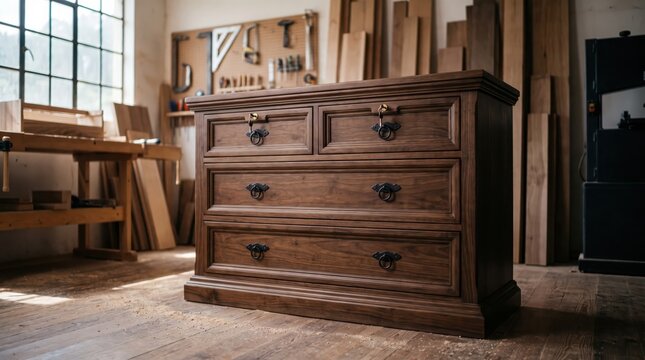 Exquisite handcrafted wooden dresser with ornate metal hardware in a rustic workshop setting, showcasing fine carpentry skills