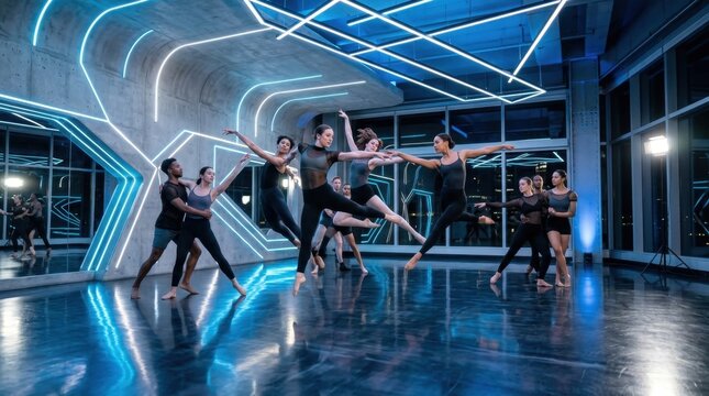 Diverse group of dancers performing contemporary choreography in a modern studio with neon lights