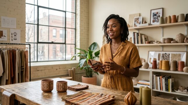 Artisan woman presenting handcrafted textiles and pottery in her studio