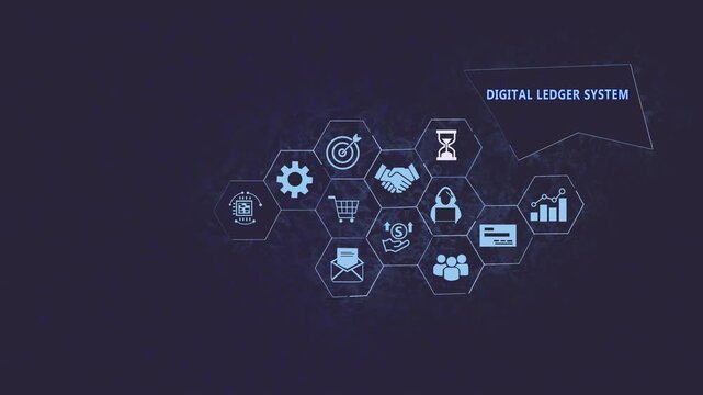 Digital ledger system infographic animation featuring blockchain technology, cryptocurrency security, financial data management, global network connectivity, and decentralized transaction