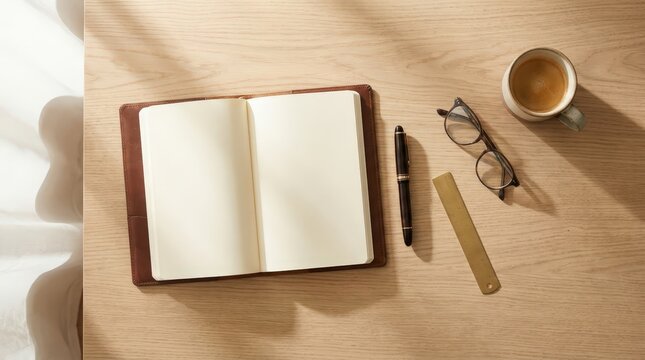 A high angle view of a fountain pen resting on an open notebook with glasses and coffee on a desk.