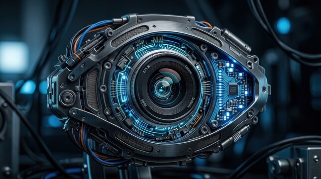 A highly detailed close-up of a complex cybernetic eye featuring glowing blue electronic circuitry.