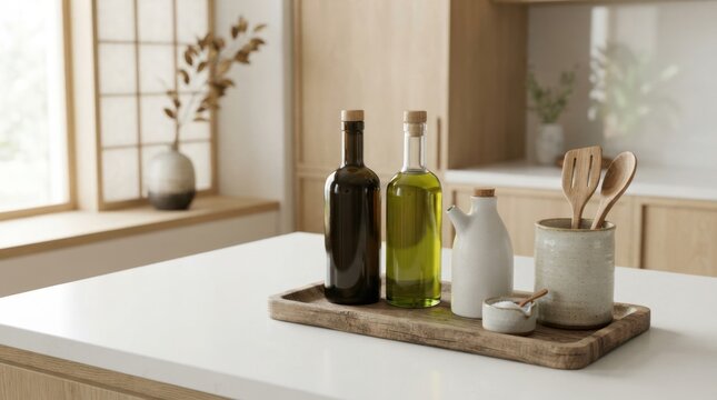 Kitchen counter with olive oil bottles and wooden utensils in a rustic setting