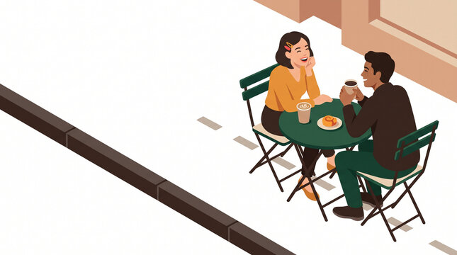 Young couple enjoying coffee at a street cafe table outdoors  