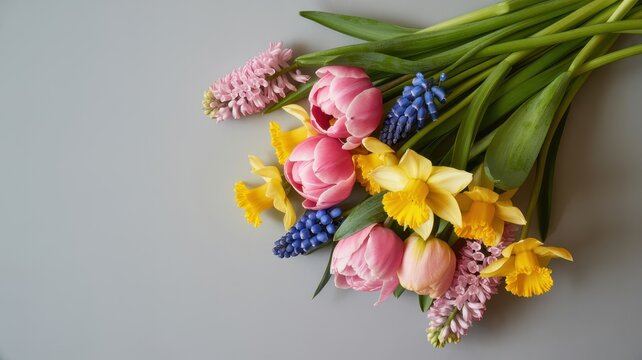 Spring flower bouquet featuring colorful pink tulips yellow daffodils and blue muscari on a plain light grey studio background