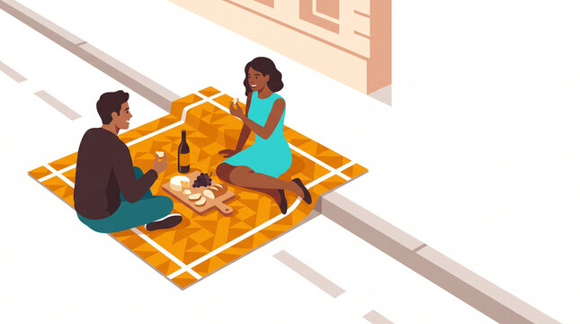 Young couple having a picnic on the street with a picnic blanket  