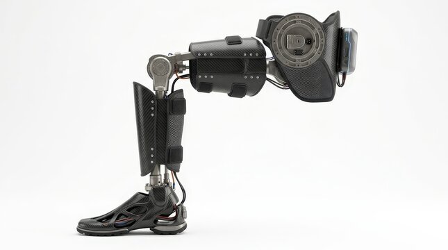 A high-tech robotic leg exoskeleton device isolated on a clean white background for medical study.