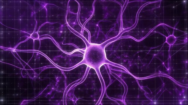 Animated purple neurons with interconnected dendrites and axons pulsing with light against a dark grid background
