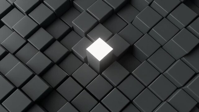 A single bright white cube illuminated at the center of a dense field of dark gray 3D cubes black