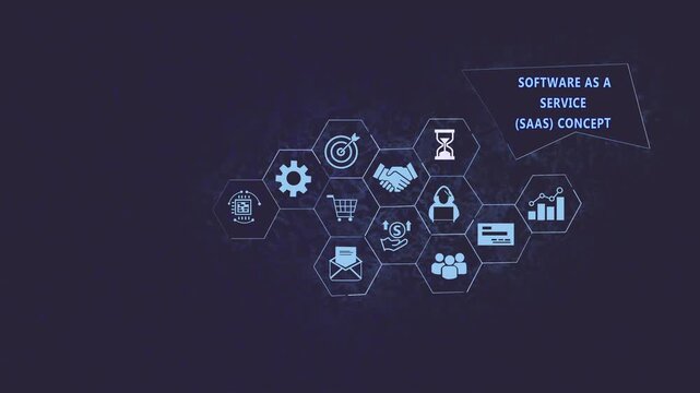Comprehensive software as a service saas concept infographic featuring interconnected hexagonal representing digital business strategy, cloud computing infrastructure, and modern enterprise
