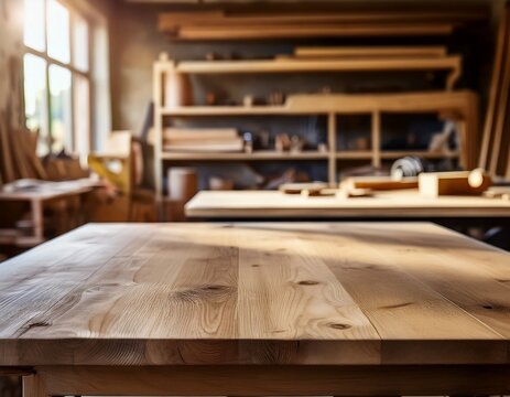 rustic wooden workbench with blurred carpenter workshop background