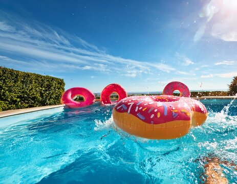 vibrant inflatable doughnuts float amidst splashes and waves in an outdoor swimming pool beneath blue skies