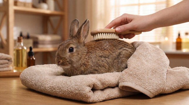 Rabbit receiving a conditioning treatment on damp fur with a soft grooming brush while wrapped in a plush beige towel at a relaxing pet spa