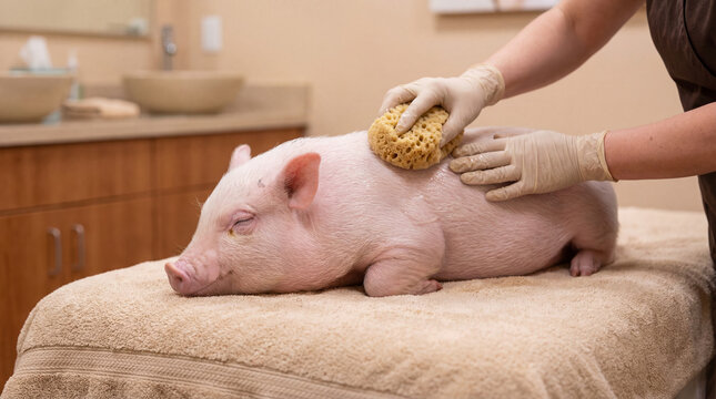 Pink mini pig receiving a gentle exfoliation treatment with a natural sea sponge on its back at a relaxing pet spa, with the groomer using slow circular strokes