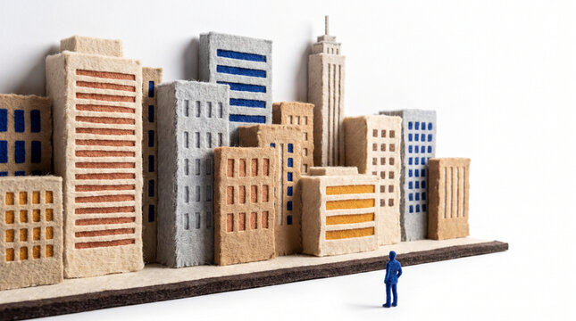 Miniature city skyline with a blue figure standing in front  