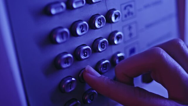 Closeup dialing number night. Finger pressing metal buttons payphone keypad.