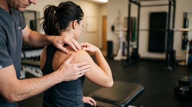 Physical therapist examining a patient's shoulder in a clinic setting