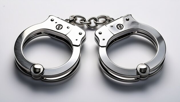 shiny metal handcuffs connected by a short chain showcasing a secure locking mechanism on white background