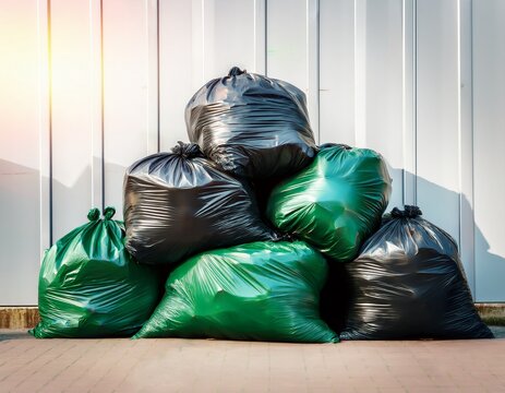 a pile of black and green trash bags outside a loading dock warehouse garbage recycling waste disposal