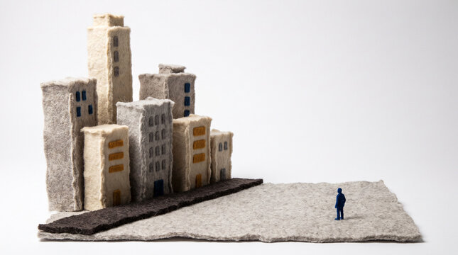 Miniature urban landscape with felt buildings and a small figure  