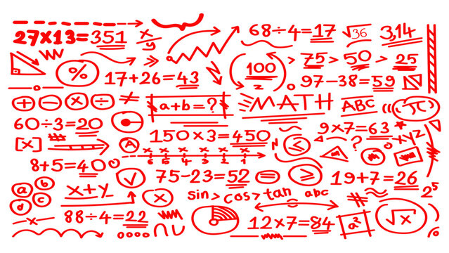 Hand drawn Educational vector illustration featuring complex mathematical formulas and geometric symbols scribbled in bold red ink on a white background surface