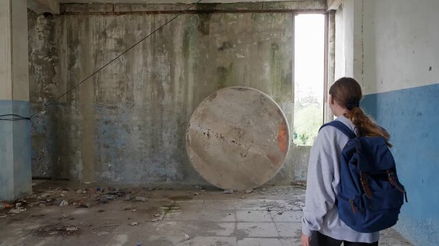 Rear view of woman exploring vast deteriorated warehouse space, standing before enormous circular metal tank or pipe, natural light streaming through tall window.