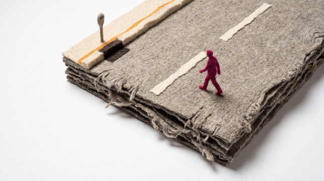 Miniature figure walking on textured fabric road model  