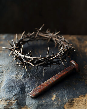 An image of the crown of thorns of Jesus Christ and a single rusty iron nail, placed on a dark textured surface such as aged wood or rough stone.