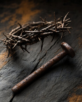 A photograph of an image of Jesus Christ's crown of thorns and a single rusty iron nail, placed on a dark textured surface such as distressed wood or rough stone.