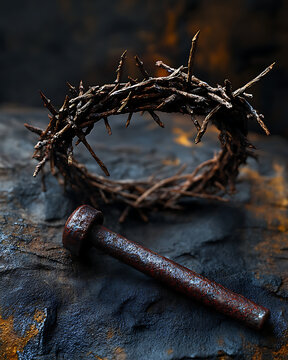 A close-up photograph of Jesus Christ's crown of thorns and a single rusty iron nail placed on a dark textured surface such as old wood or rough stone.