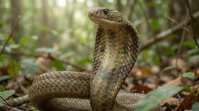 A majestic cobra snake coiled in a defensive pose within a lush, sunlit tropical forest habitat.