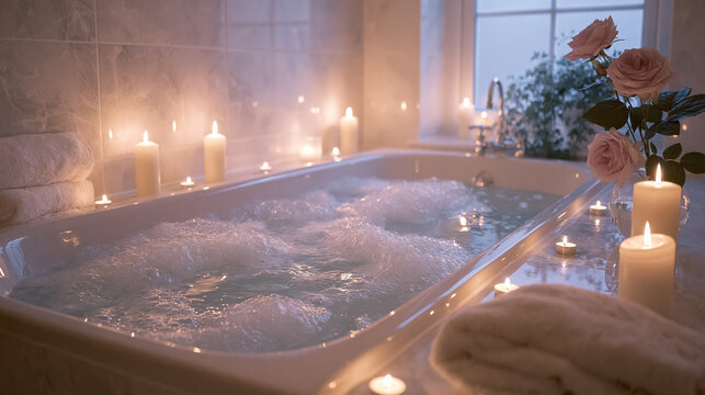 Bubble bath filling a bathtub, surrounded by candles and roses, creating a relaxing, romantic, and wellness spa experience