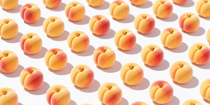 A repeating pattern featuring numerous yellow peaches with pink blush on a white background in a realistic style.