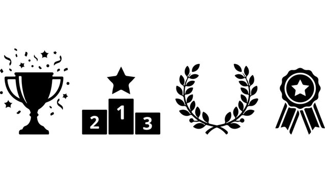 Set of black trophy cup winner podium laurel wreath and award ribbon icons for victory and success