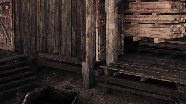 Wooden building sits in an outdoor area surrounded by pallets. The sun shines on the weathered wood and ground. Plant life grows around the structure.