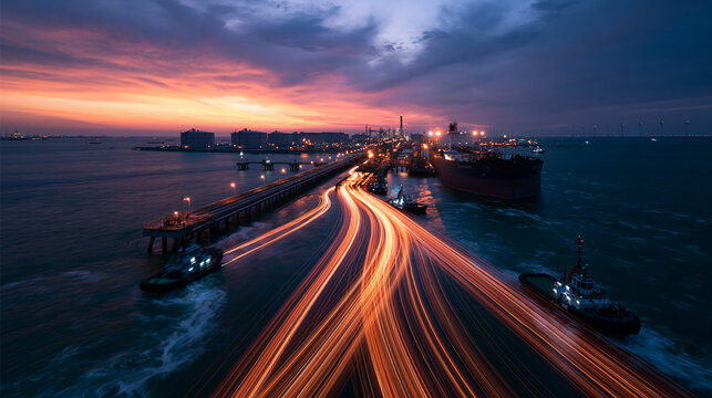 Industrial Shipping Port with Light Trails at Dusk