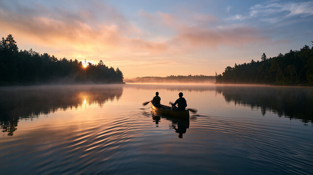 Two People Canoeing on Misty Lake at Sunrise