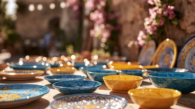 Traditional Hand Painted Mediterranean Ceramic Plates and Bowls at Market