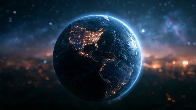 Planet Earth at Night Showing Illuminated Continents in Space