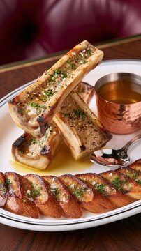 Gourmet roasted beef marrow bones with toasted baguette, herbs, and rich broth on a white platter, elegantly served in warm restaurant lighting.