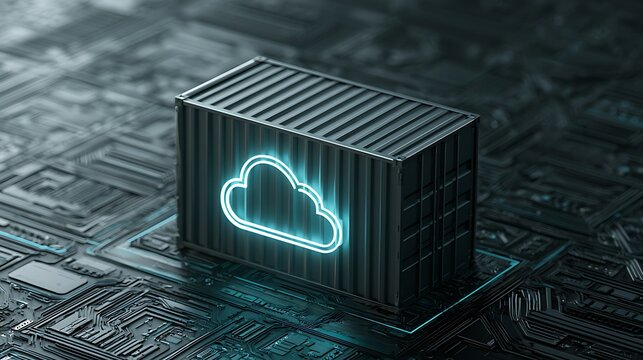 A glowing neon cloud symbol rests on a shipping container over a circuit board. Concept for cloud computing and.