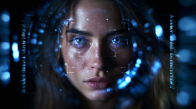 Biometric Facial Recognition and Digital Scan Overlay on Woman Face