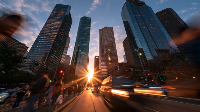 Downtown Houston Skyline at Sunset with Traffic Motion Blur