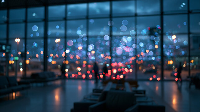 Blurred Airport Terminal Interior at Night with Bokeh Lights