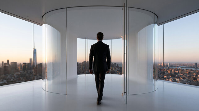 Businessman in Suit Walking in Modern Glass High Rise Office