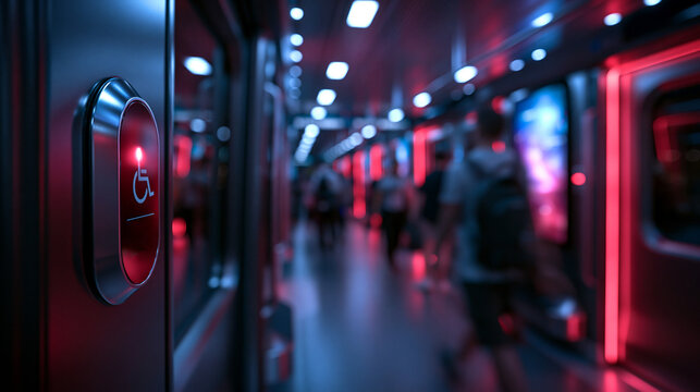 Illuminated Handicap Accessibility Button in Modern Subway Train