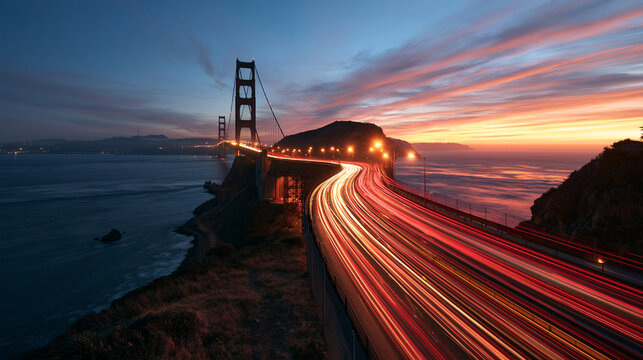 Golden Gate Bridge with Traffic Light Trails at Sunset